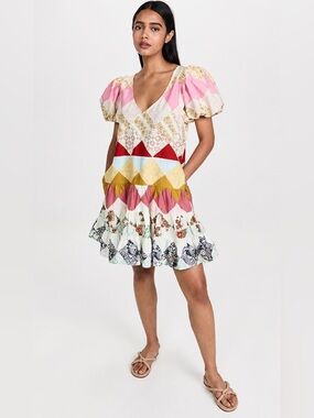 Love The Label Patchwork Puff Sleeve Mini Colorful Dress XS Cottagecore Cotton
